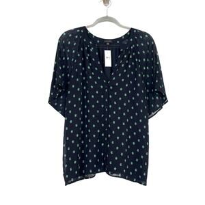 Ann Taylor Womens Shamrock Button Up Short Sleeve Blouse Navy Size Large NWT